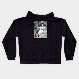 Cute Calico Kitty on grayish winter evening scene Kids Hoodie